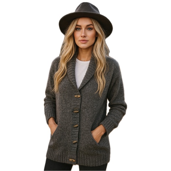 L.L. Bean Cardigan Women's Bean's Classic Ragg Wool Sweater Gray 1X Lambswool - Picture 1 of 16